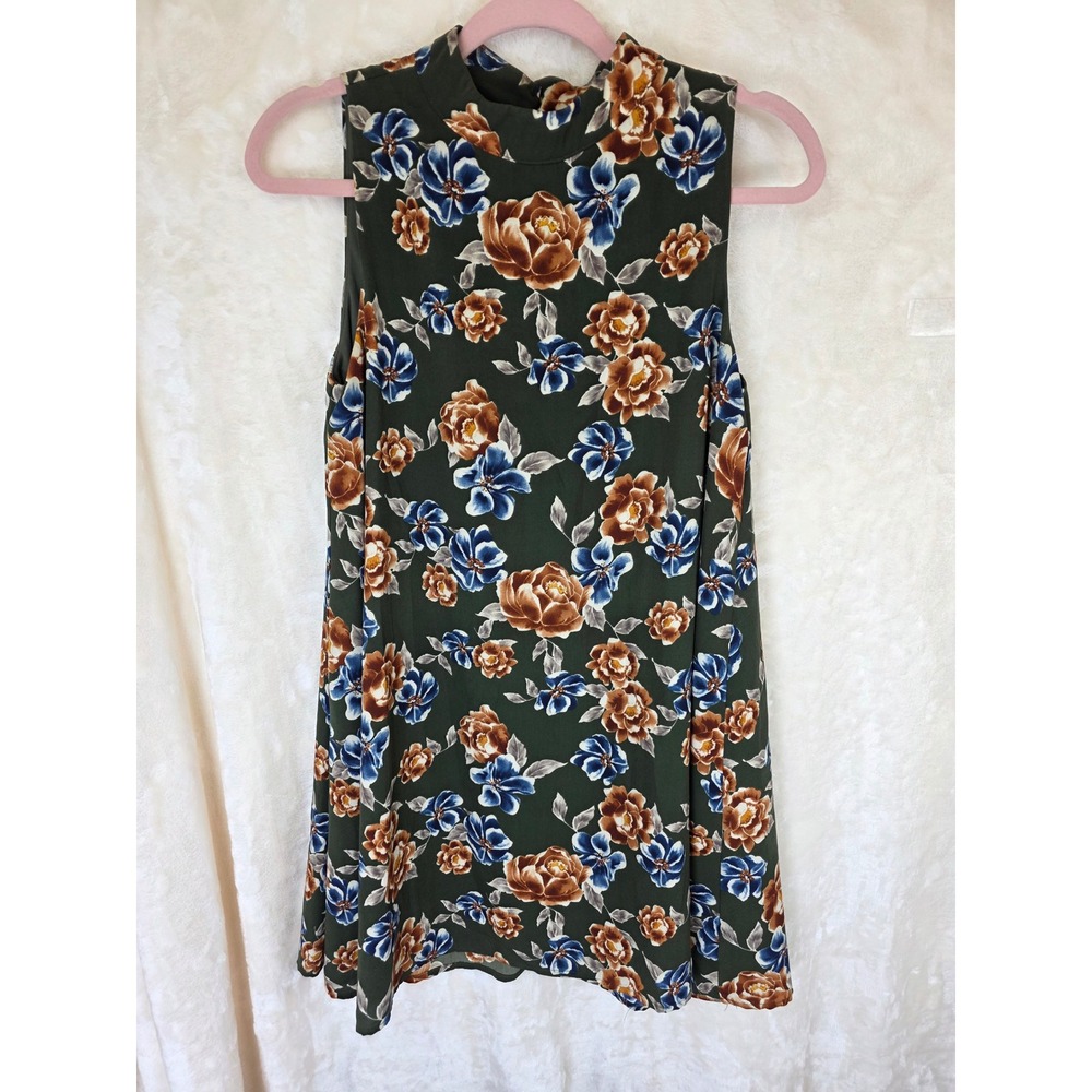 Peach Love California‎ Floral Mock Neck Sleeveless Mini Dress Olive Green Small